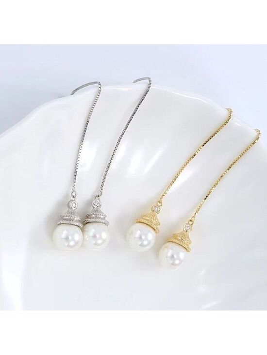 Jewelry - Cultured 7.75mm Pearl Earrings dangling from a 3.5 inch chain 18KY Plated